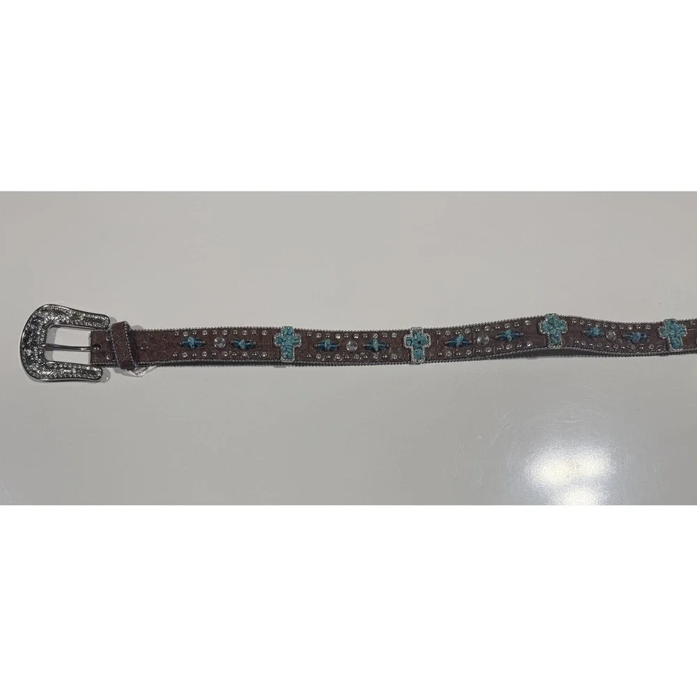 NOCONA - Women's Brown Leather Turquoise Cross Rhinestone Western Belt - Large